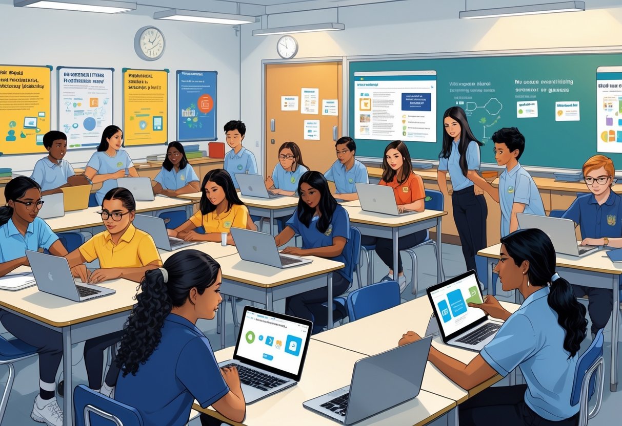 Secondary School Resources: Comprehensive Tools for Enhanced Learning LearningMole A group of secondary school students using laptops and tablets together in a bright classroom, learning digital skills.