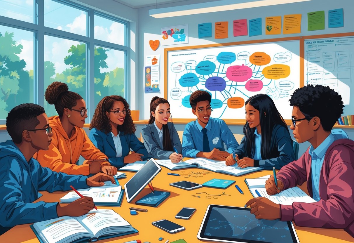 Secondary School Resources: Comprehensive Tools for Enhanced Learning LearningMole A group of secondary school students working together around a table with notebooks and tablets, discussing ideas in a bright classroom.