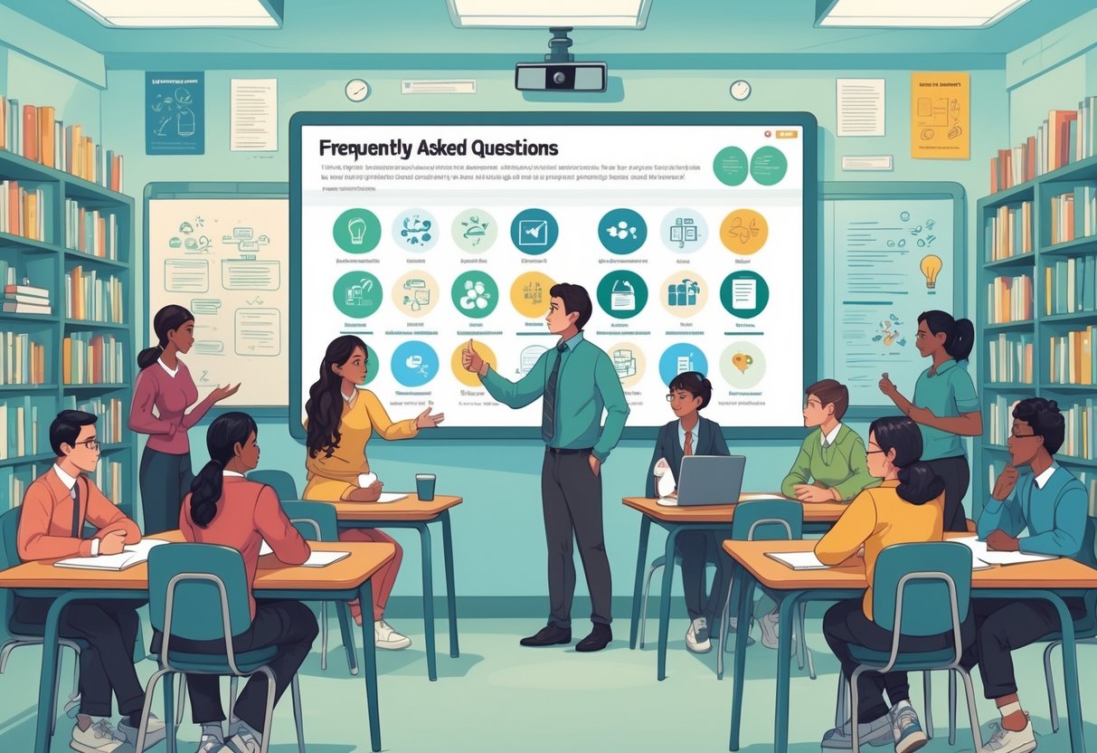Secondary School Resources: Comprehensive Tools for Enhanced Learning LearningMole A teacher and diverse students in a secondary school classroom discussing educational resources around a digital screen with subject icons, surrounded by books and learning materials.