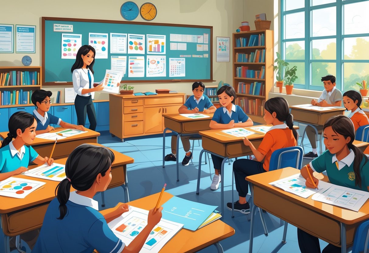 A middle school classroom where a teacher gives worksheets to students who are sitting at desks and working with papers.