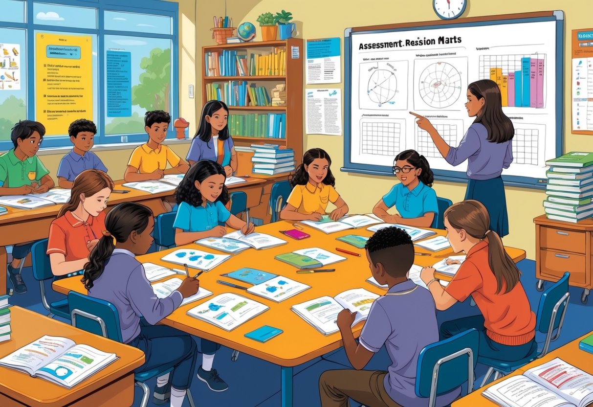 Middle school students and a teacher working together on assessment and revision materials in a classroom.