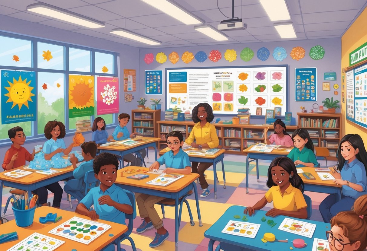 A middle school classroom with students and a teacher surrounded by colourful seasonal and themed teaching materials representing different times of the year.