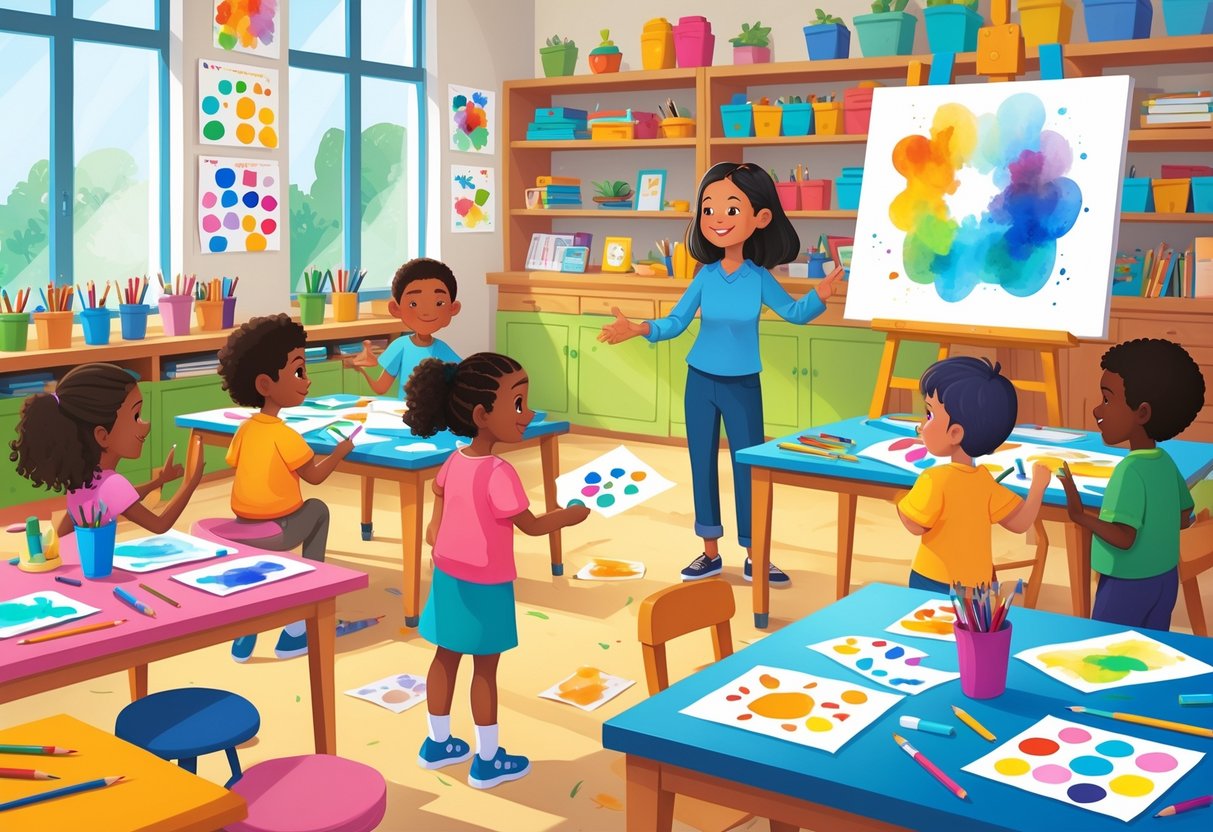 Elementary Teaching Resources: Comprehensive Tools for UK Classrooms LearningMole A classroom with young children and a teacher engaged in various art activities surrounded by art supplies and colourful decorations.