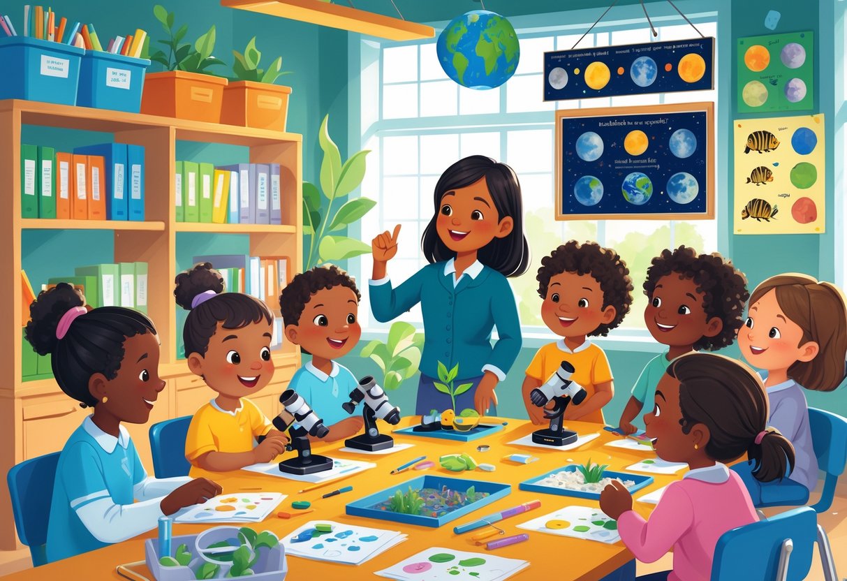 Grade 2 Teaching Resources: Essential Tools and Strategies Grade 2 Teaching Resources LearningMole Young children and a teacher exploring science materials like magnifying glasses and plant samples in a bright classroom with educational posters and models.