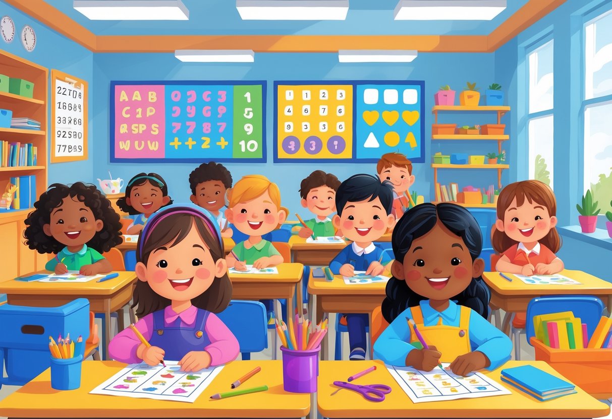 Grade 1 Teaching Resources: Top Tools & Ideas for UK Classrooms LearningMole Young children in a colourful classroom working on worksheets with a teacher helping them.
