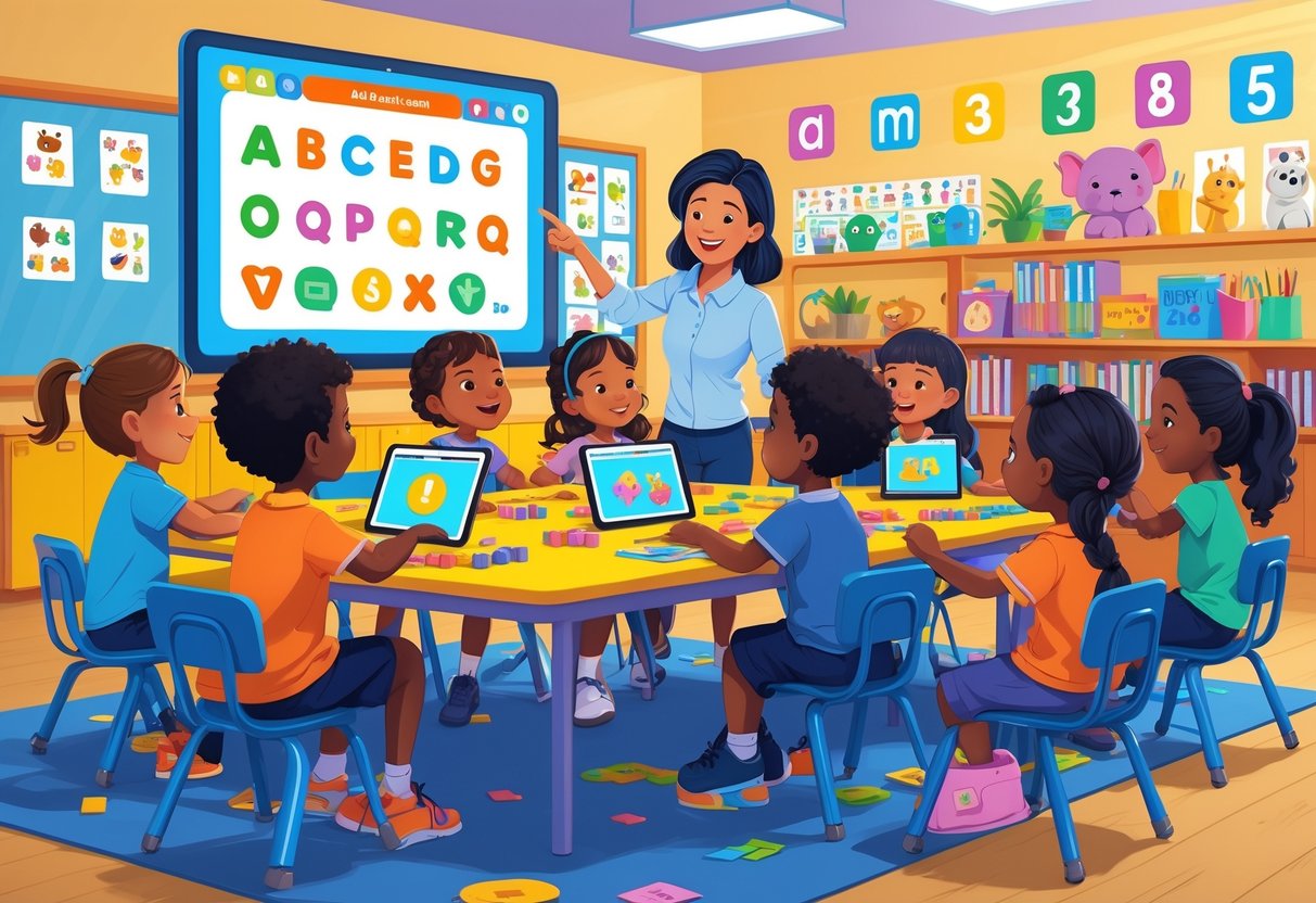 Grade 1 Teaching Resources: Top Tools & Ideas for UK Classrooms LearningMole Young children using tablets and laptops in a classroom with a teacher guiding them, surrounded by educational materials and colourful decorations.