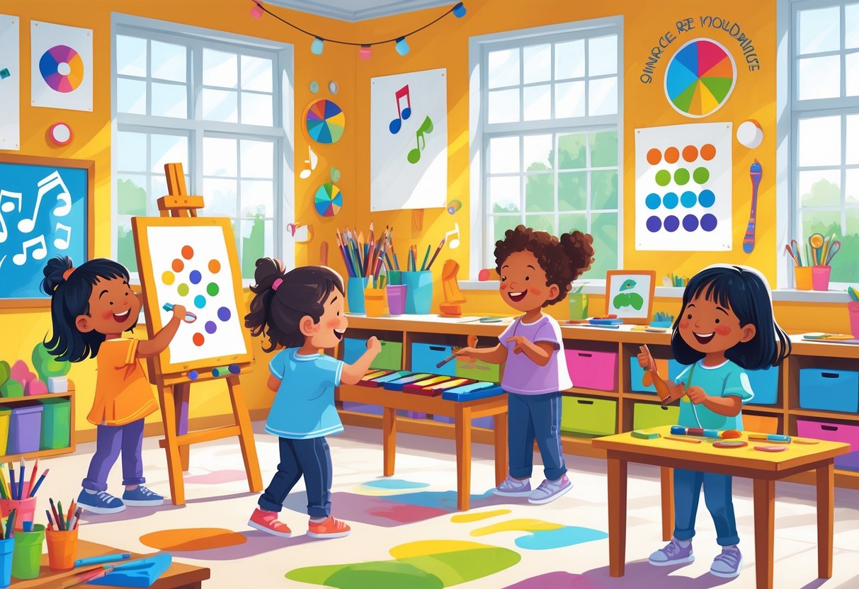 Grade 1 Teaching Resources: Top Tools & Ideas for UK Classrooms LearningMole Young children in a bright classroom engaging in painting, playing musical instruments, and clay modelling with shelves of art and music supplies around them.