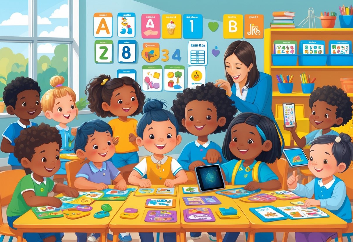 Grade 1 Teaching Resources: Top Tools & Ideas for UK Classrooms LearningMole A group of diverse young children learning together with a teacher in a bright classroom filled with colourful educational materials.