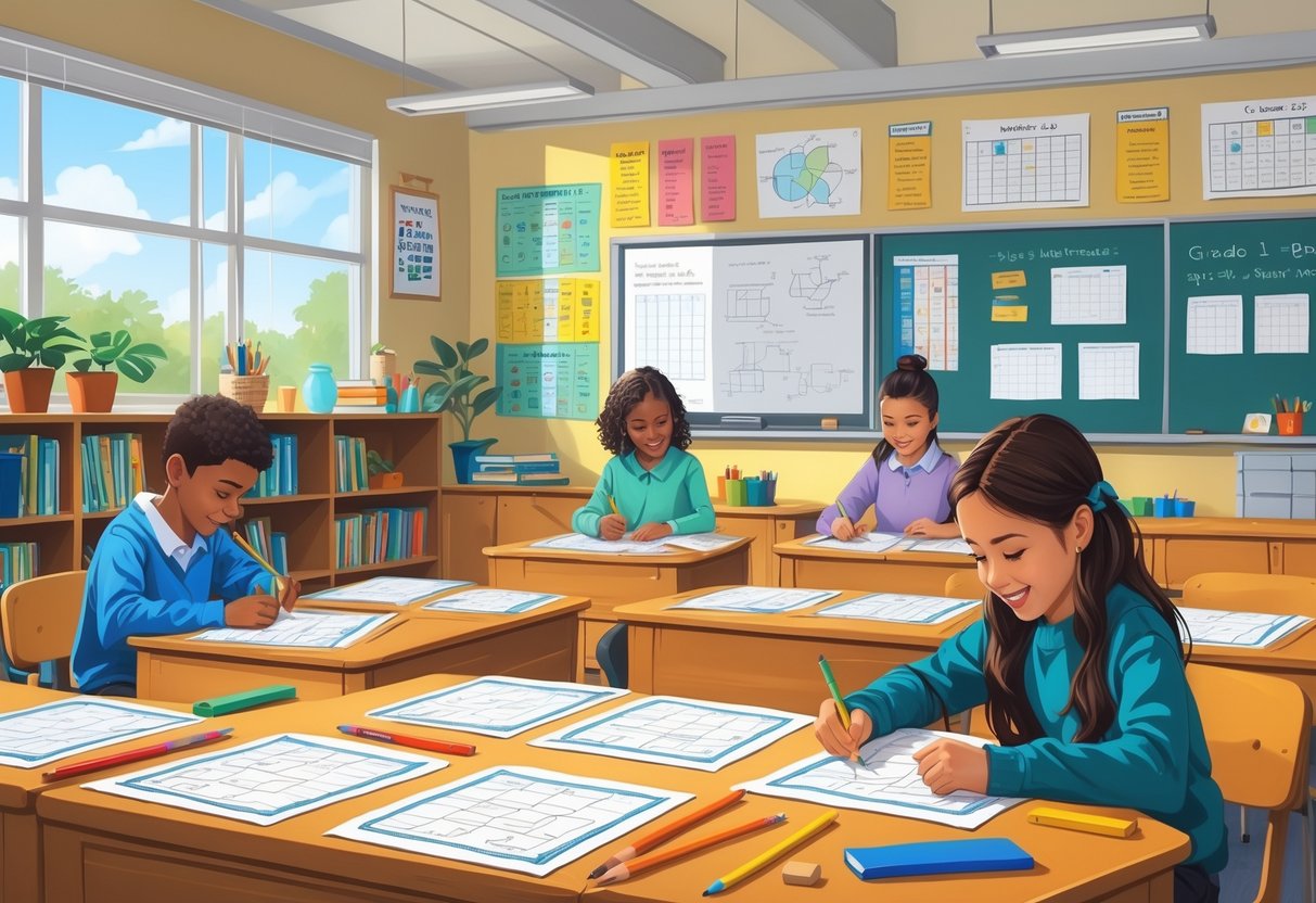 Grade 5 Teaching Resources: The Complete Guide for Teachers LearningMole A Grade 5 classroom with students working on worksheets at a desk surrounded by educational materials and classroom decorations.