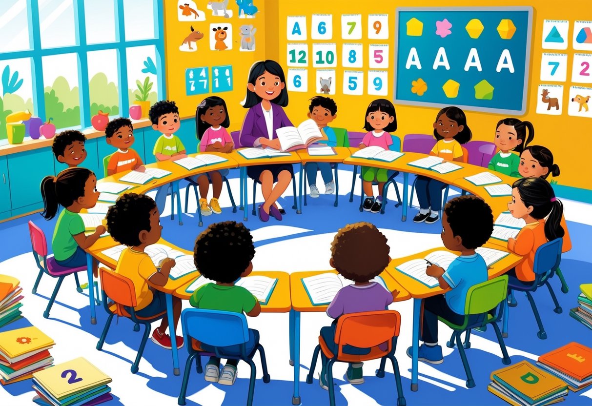 Grade 1 Teaching Resources: Top Tools & Ideas for UK Classrooms LearningMole A classroom with young children sitting at desks and a teacher holding a book, surrounded by educational materials and colourful decorations.