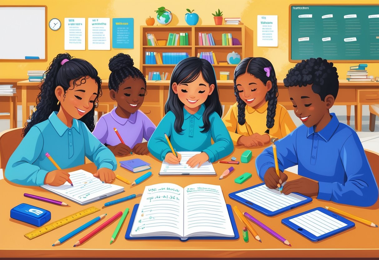 Grade 5 Teaching Resources: The Complete Guide for Teachers LearningMole Children around a desk using pencils, notebooks, and a tablet to do writing activities in a bright classroom with books and learning materials.