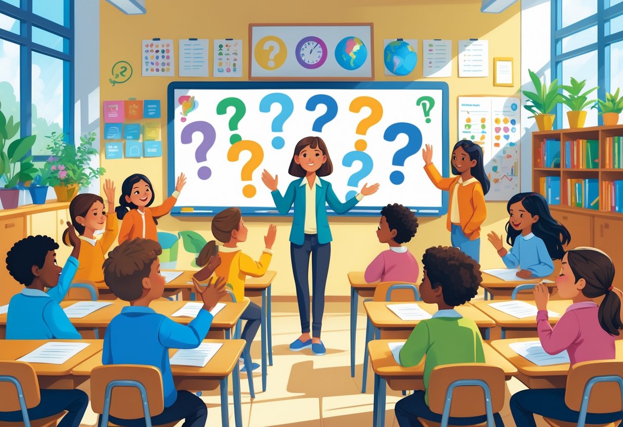 Grade 5 Teaching Resources: The Complete Guide for Teachers LearningMole A classroom with children sitting at desks and a teacher standing by an interactive whiteboard, with educational decorations around.