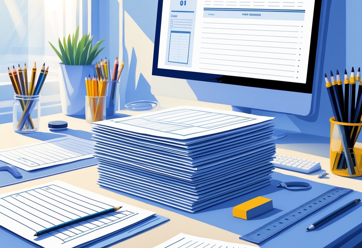 Printable Worksheets: The Ultimate Guide to Free Resources by Year LearningMole A tidy desk with stacks of printable worksheets, stationery items, and a computer showing a worksheet on screen.