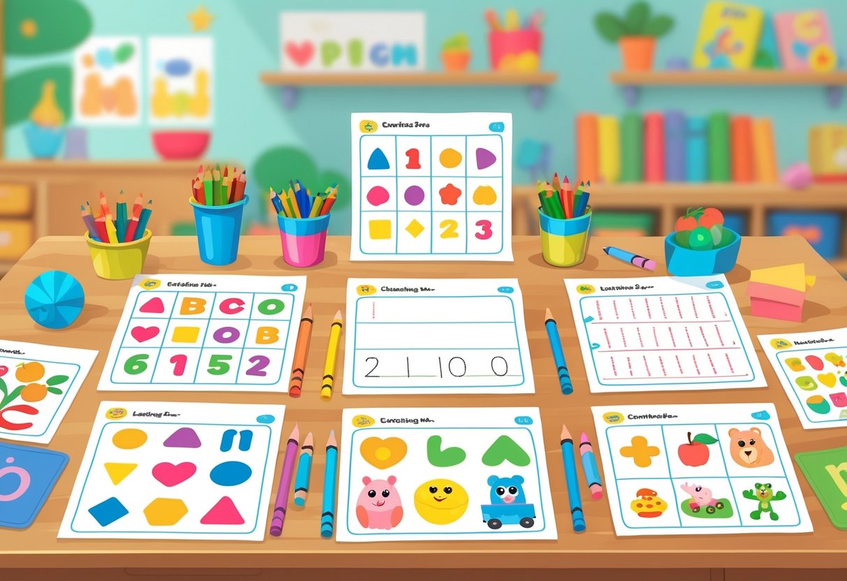 Printable Worksheets: The Ultimate Guide to Free Resources by Year LearningMole A preschool learning scene with colourful early learning worksheets and stationery on a table in a classroom setting.