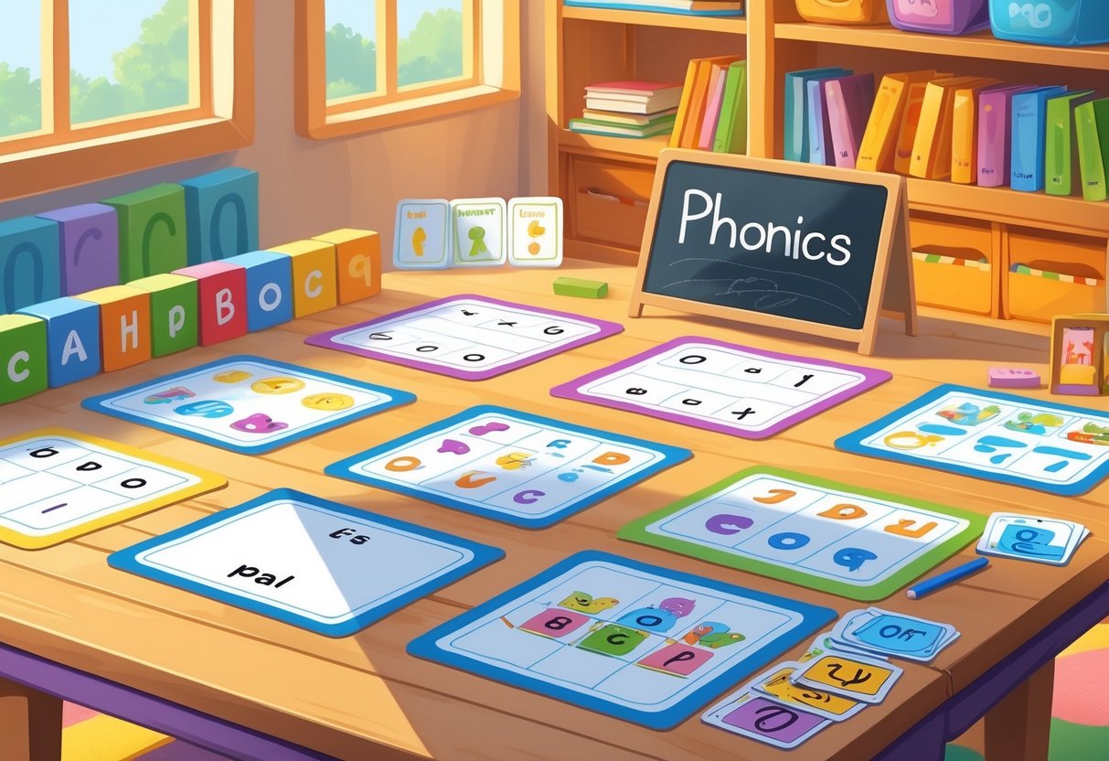 Printable Worksheets: The Ultimate Guide to Free Resources by Year LearningMole A classroom table with phonics and early literacy worksheets, alphabet blocks, flashcards, and a chalkboard with phonics symbols, surrounded by books and learning materials.