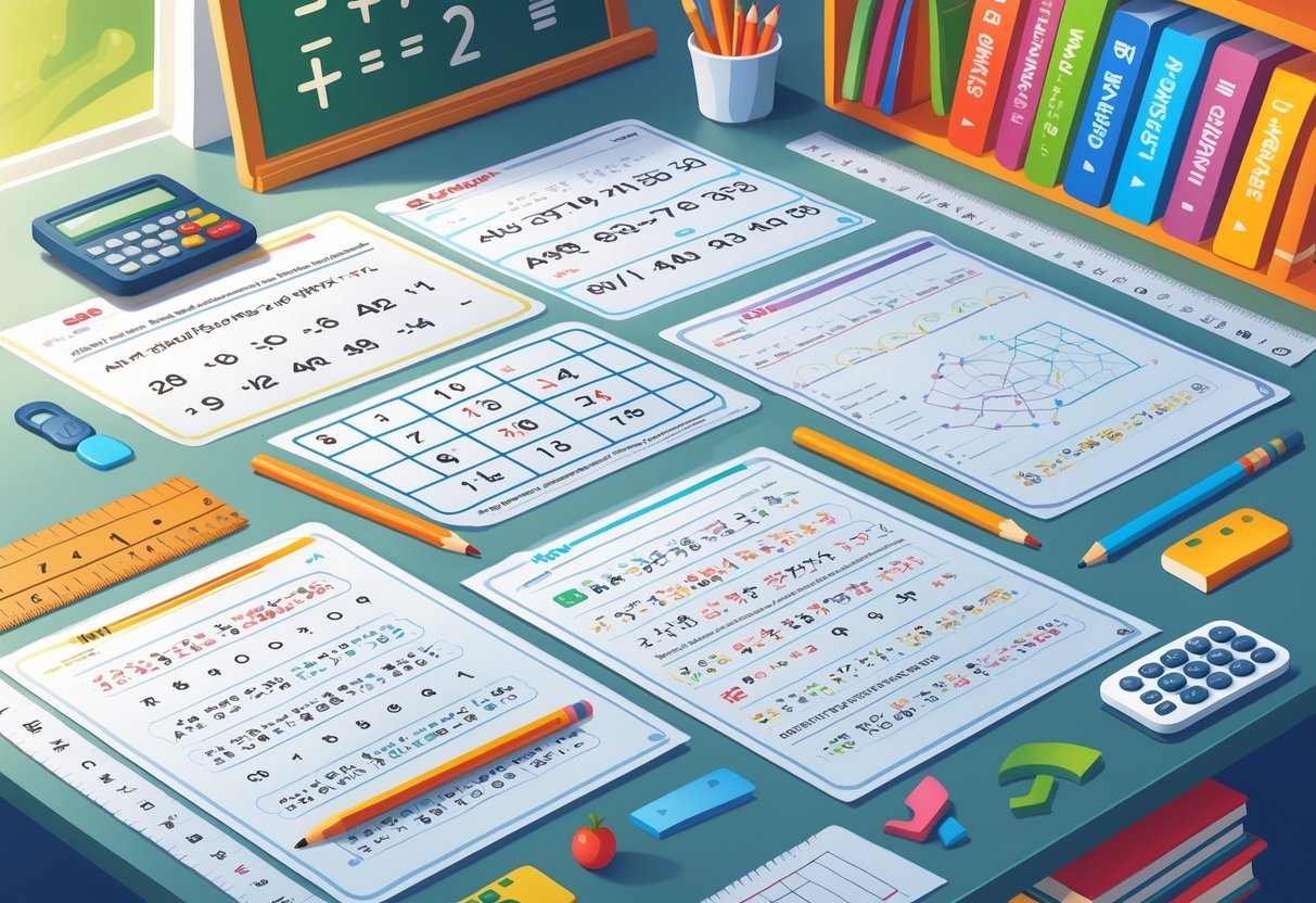 Printable Worksheets: The Ultimate Guide to Free Resources by Year LearningMole A desk with various maths worksheets for different year groups, surrounded by pencils, rulers, a calculator, and educational items in the background.