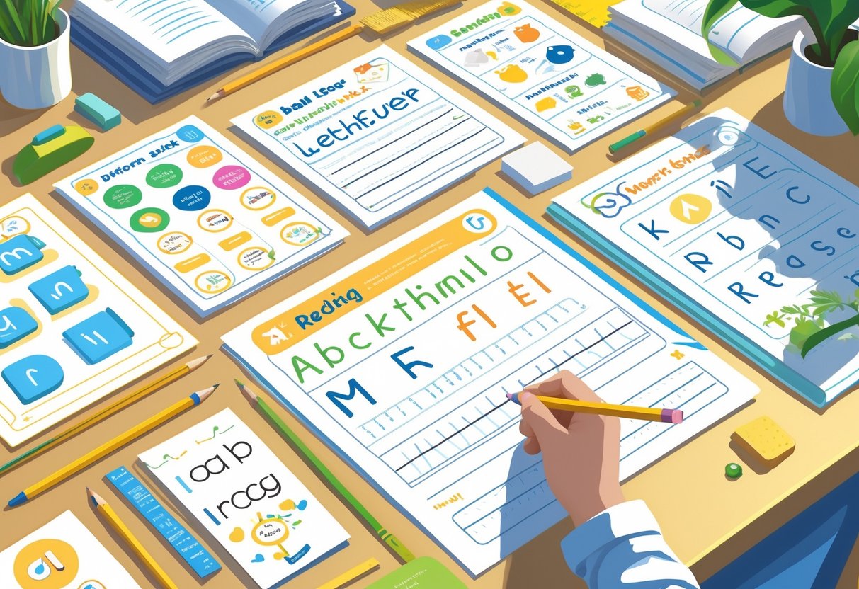 Printable Worksheets: The Ultimate Guide to Free Resources by Year LearningMole A child's hand holding a pencil over printable reading and writing worksheets on a desk with educational tools nearby.