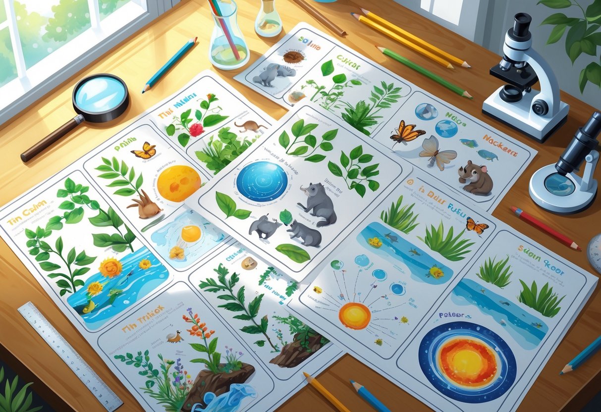 Printable Worksheets: The Ultimate Guide to Free Resources by Year LearningMole A desk with colourful science and nature worksheets showing plants, animals, the water cycle, and the solar system, along with a magnifying glass, microscope, and coloured pencils.