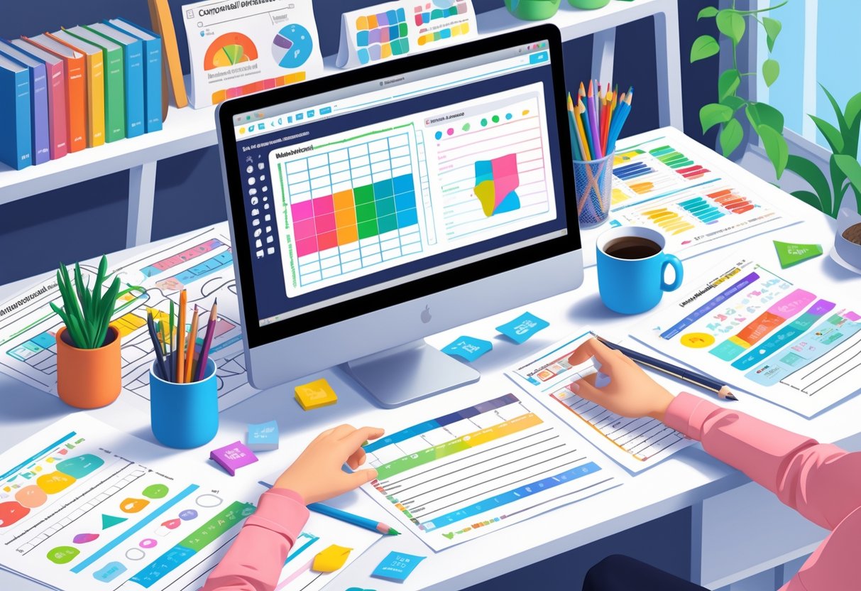 Printable Worksheets: The Ultimate Guide to Free Resources by Year LearningMole A workspace with a computer showing worksheet design software, printed worksheets, stationery, and hands working on customising educational worksheets.