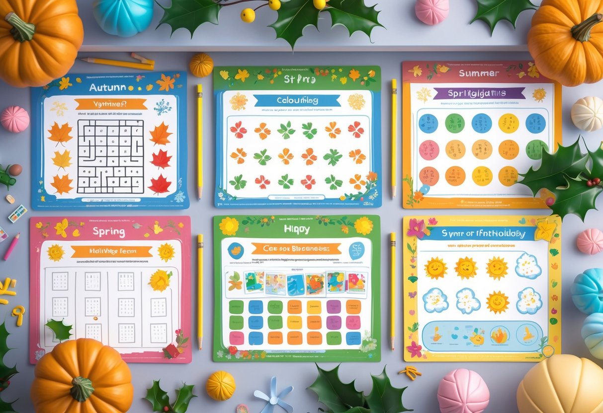 Printable Worksheets: The Ultimate Guide to Free Resources by Year LearningMole A desk with colourful seasonal worksheets and decorations representing different times of the year arranged neatly for educational activities.