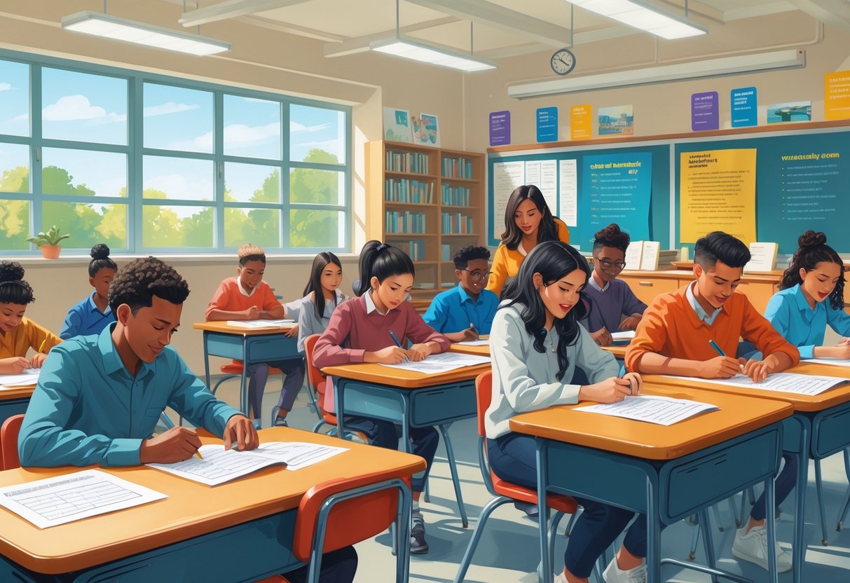 Printable Worksheets: The Ultimate Guide to Free Resources by Year LearningMole A classroom with students working on worksheets at their desks while a teacher helps one of them.