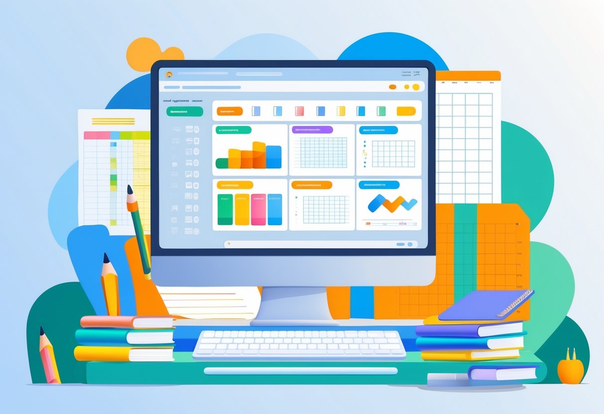 A workspace with a computer showing worksheet templates and stationery items arranged around it.
