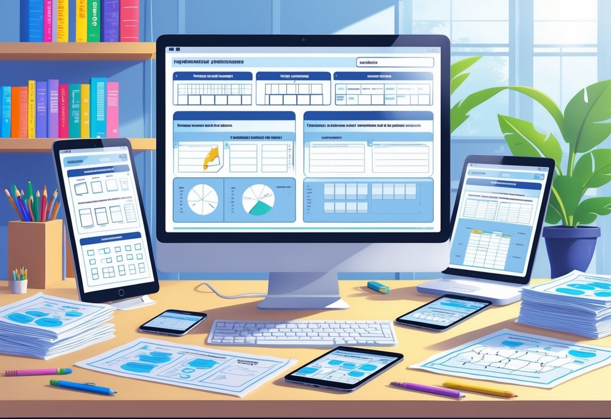 A workspace with a computer, printed worksheets, digital tablets, and educational materials arranged neatly on a desk.