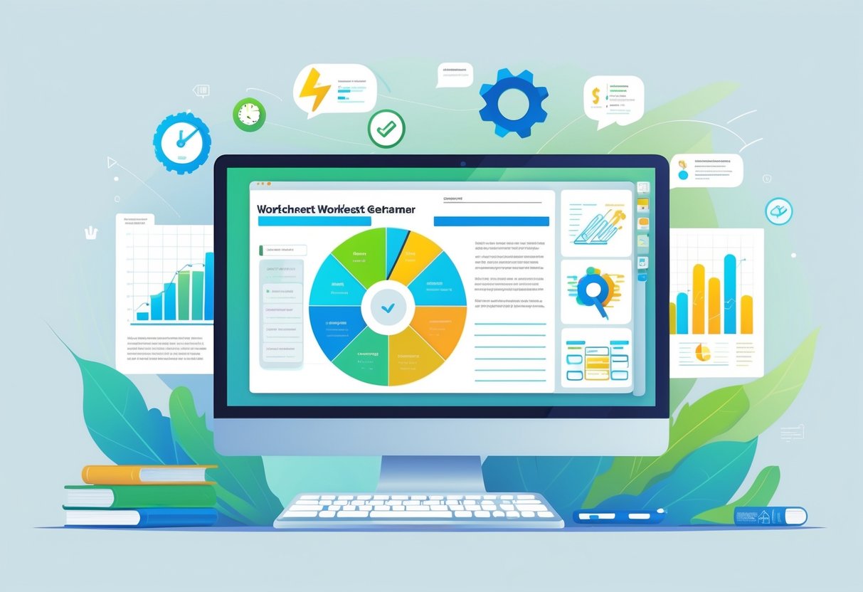 A workspace with a computer generating a colourful worksheet surrounded by icons symbolising time-saving, customisation, efficiency, and ease of use.