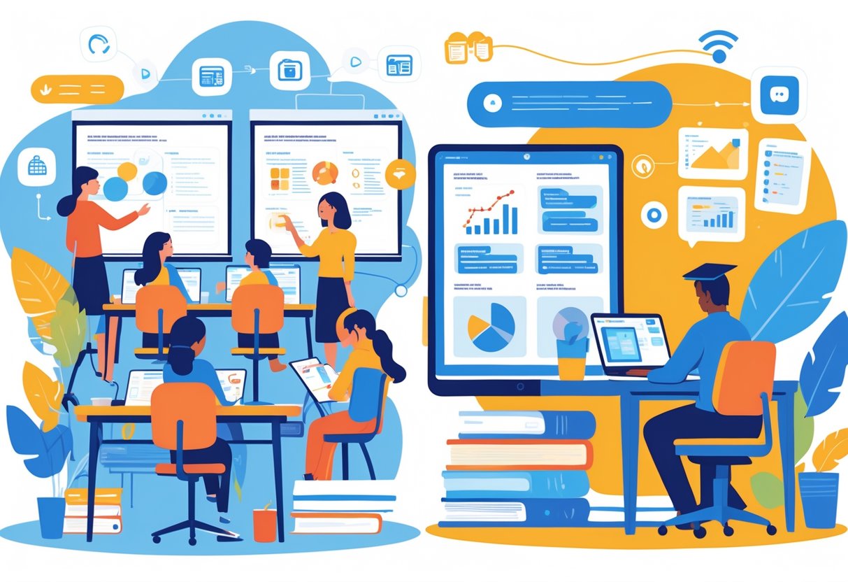 A classroom with students learning and a student studying remotely at home using a laptop, showing both in-person and online education settings.
