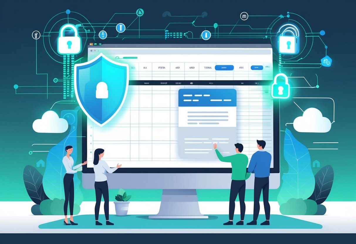 A digital workspace showing a transparent spreadsheet surrounded by security icons like shields and padlocks, with professionals interacting with the data in a connected network environment.