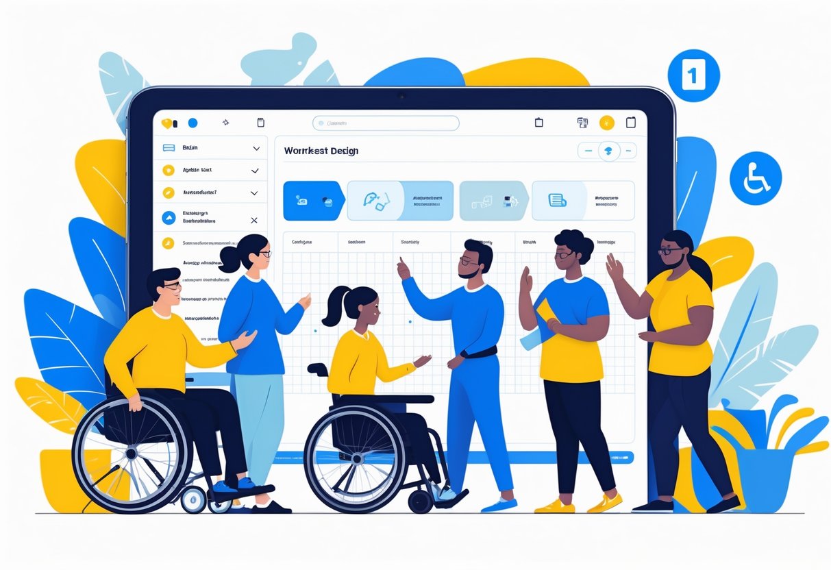 A group of diverse people, including individuals with disabilities, working together around a large digital tablet showing a worksheet design interface with accessibility features.