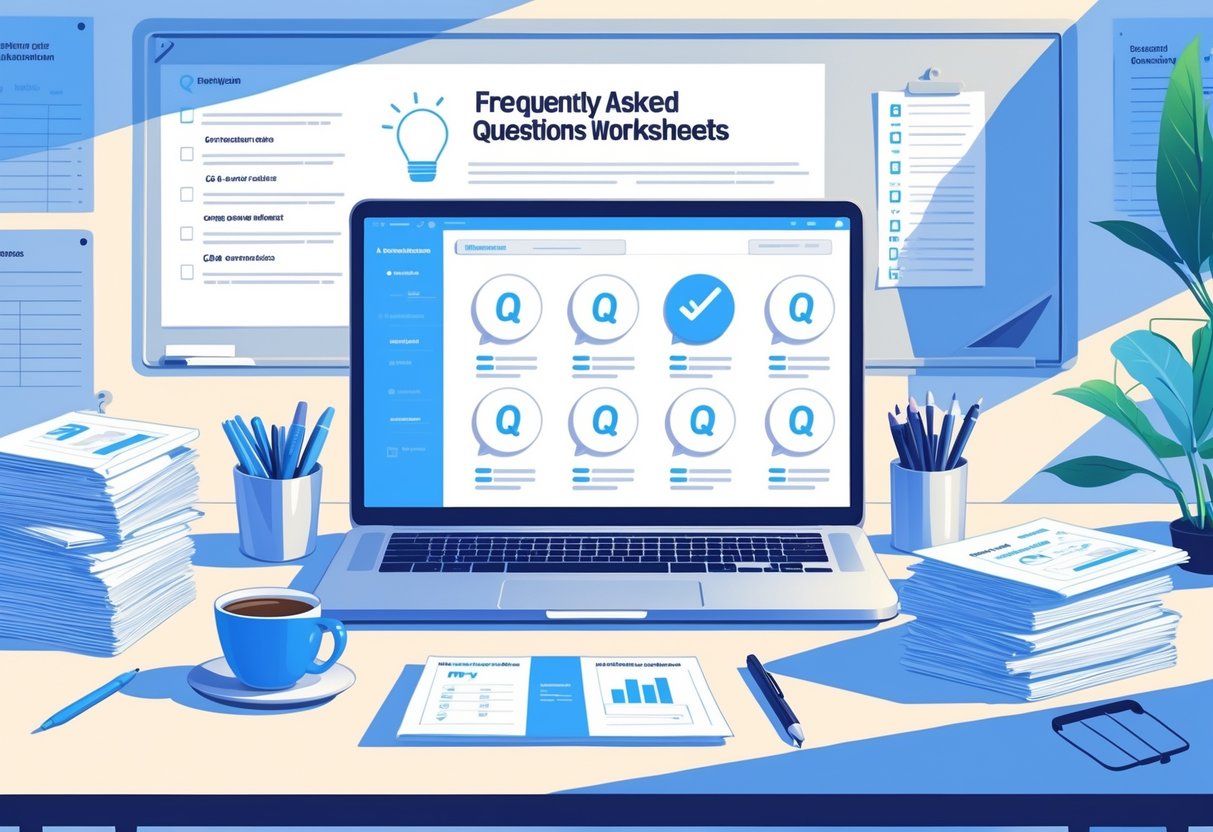 A desk with a laptop, papers, a coffee cup, and a whiteboard showing notes, representing the creation of frequently asked questions worksheets.