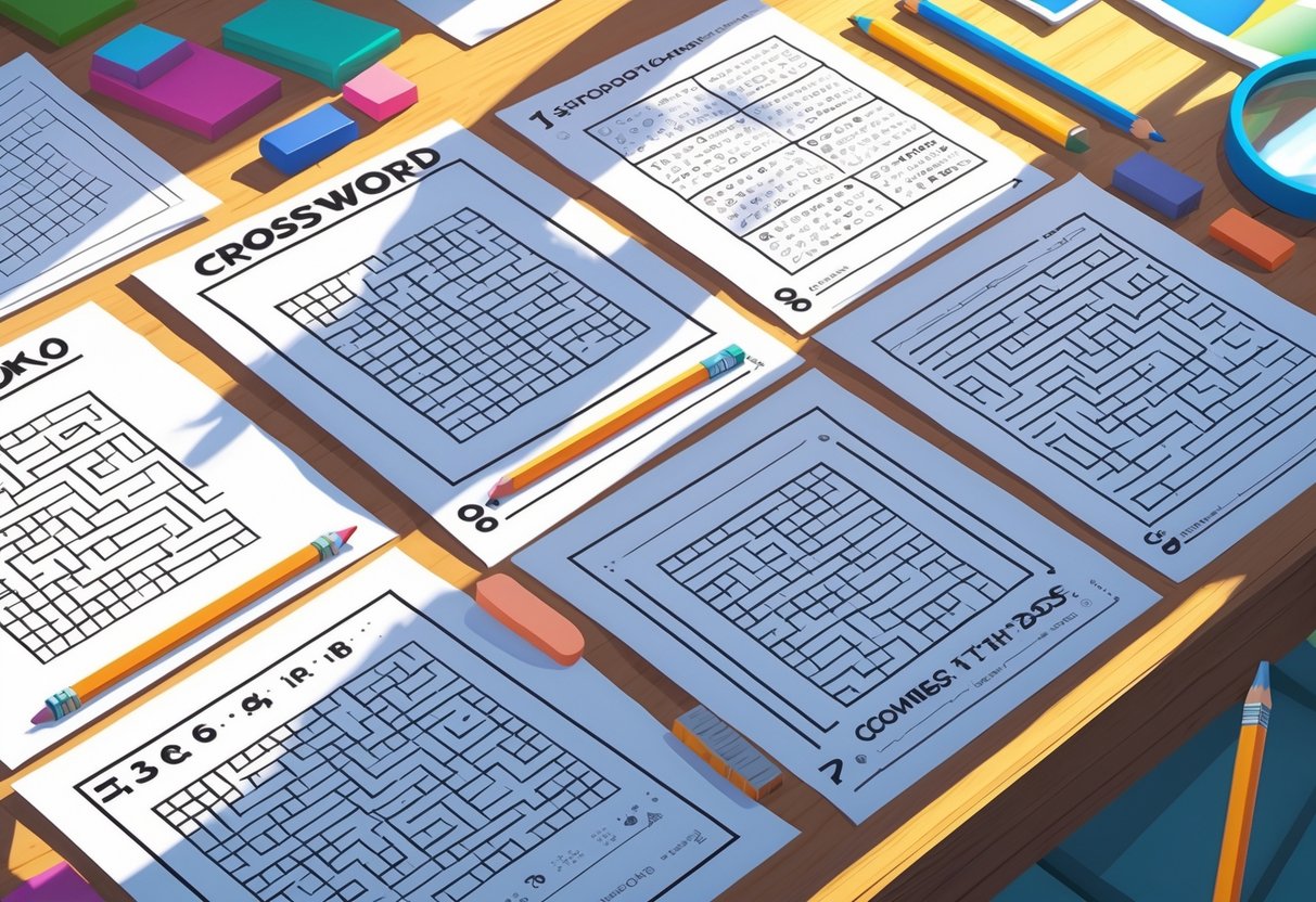 Activity Sheets: Fun Printable Worksheets for Meaningful Learning LearningMole A desk with various puzzle and games activity sheets, pencils, an eraser, and a magnifying glass arranged neatly.