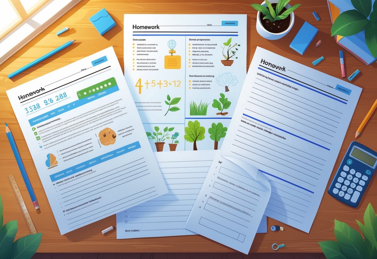 Homework Sheets: Ideas, Tips & Printables for Every School Year LearningMole A desk with different types of homework sheets and stationery arranged neatly, including math problems, science diagrams, and writing spaces.