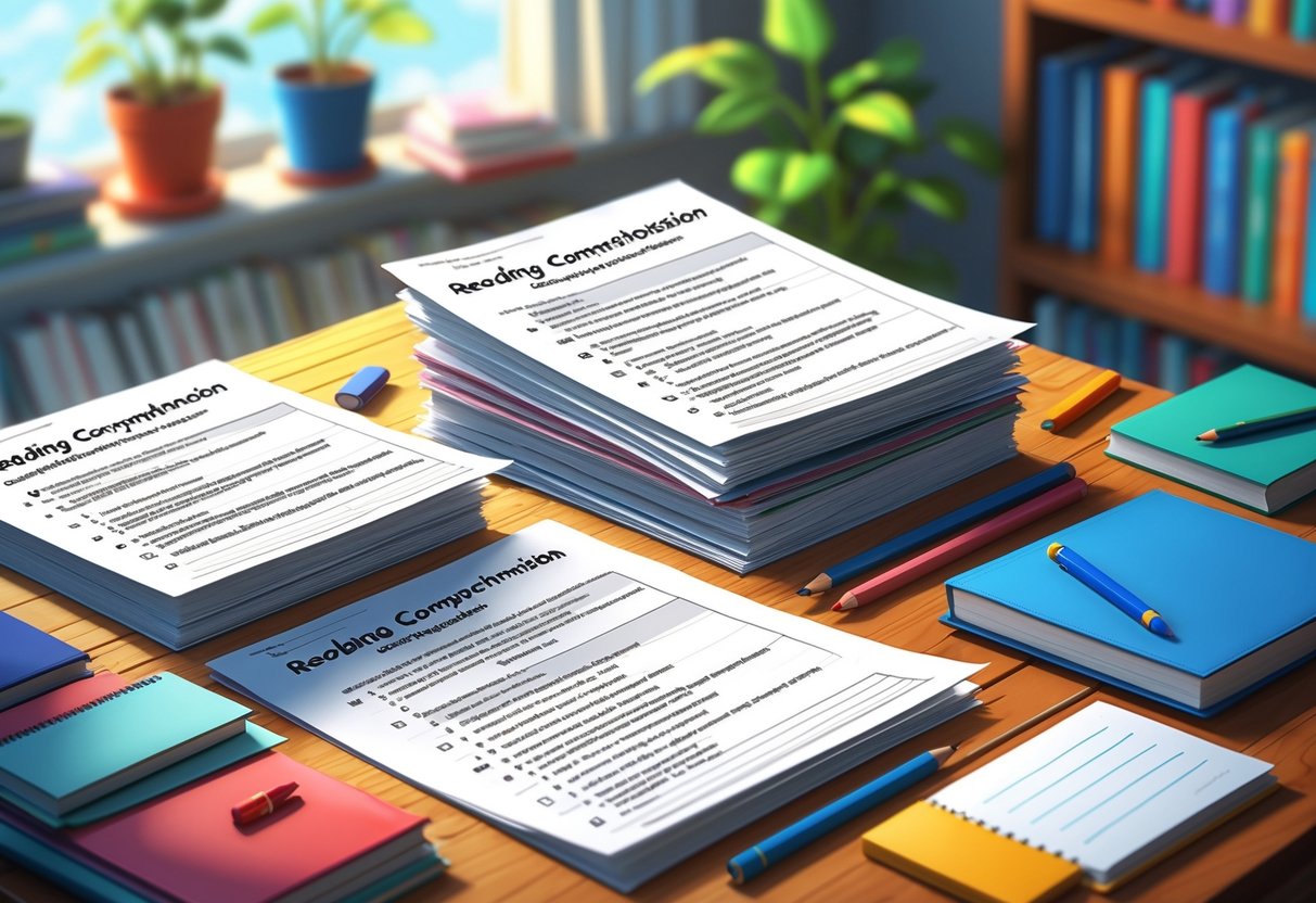 Homework Sheets: Ideas, Tips & Printables for Every School Year LearningMole A desk with reading comprehension homework sheets, school supplies, and a bookshelf in the background.