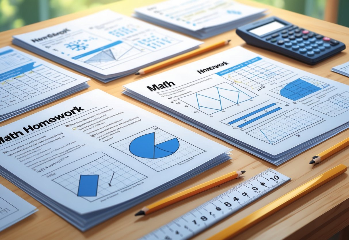 Homework Sheets: Ideas, Tips & Printables for Every School Year LearningMole Several math homework sheets with math problems laid out on a desk alongside a pencil, ruler, and calculator.