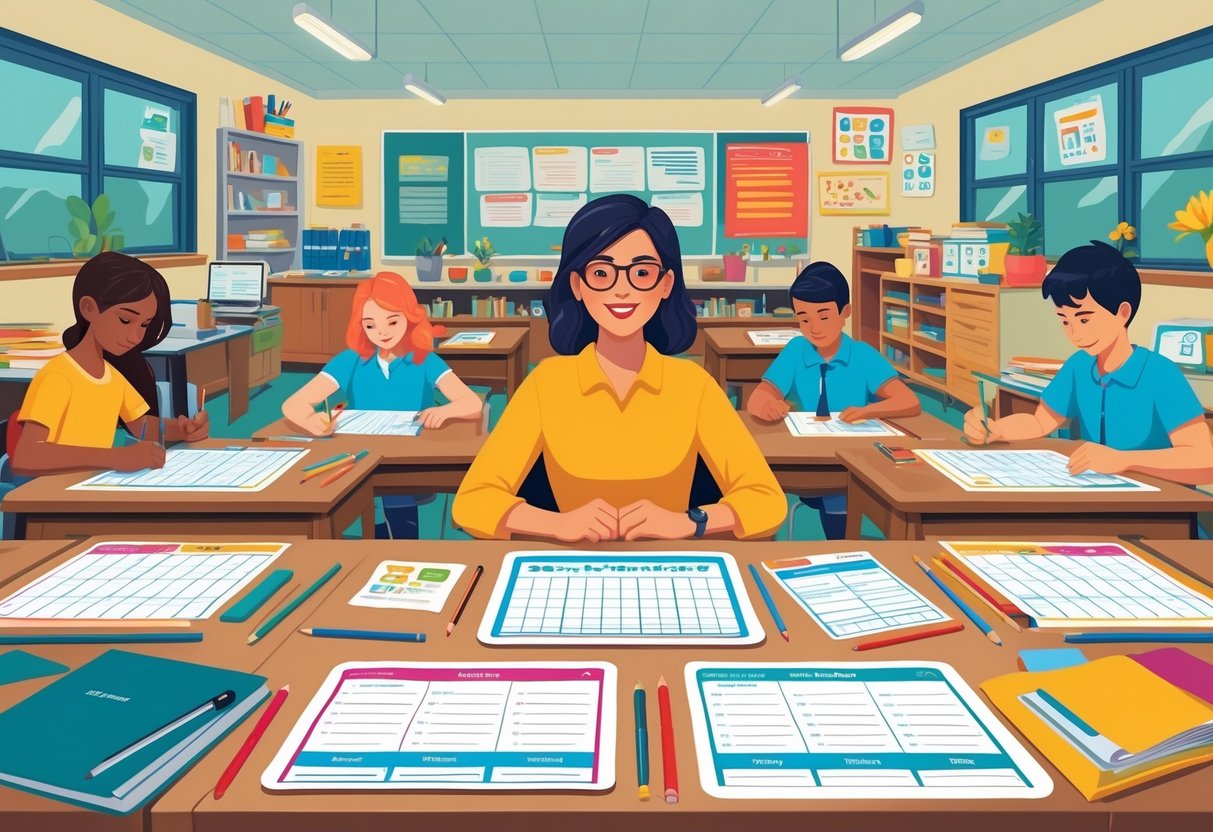 Editable Worksheets: The Essential Guide for Teachers and Students LearningMole A teacher at a desk with editable worksheets and students working on similar materials in a bright classroom.