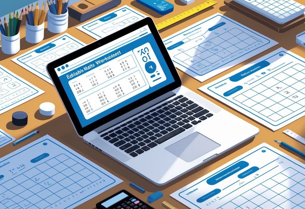 Editable Worksheets: The Essential Guide for Teachers and Students LearningMole A tidy desk with printed maths worksheets, a laptop showing editable maths problems, and stationery items arranged neatly.