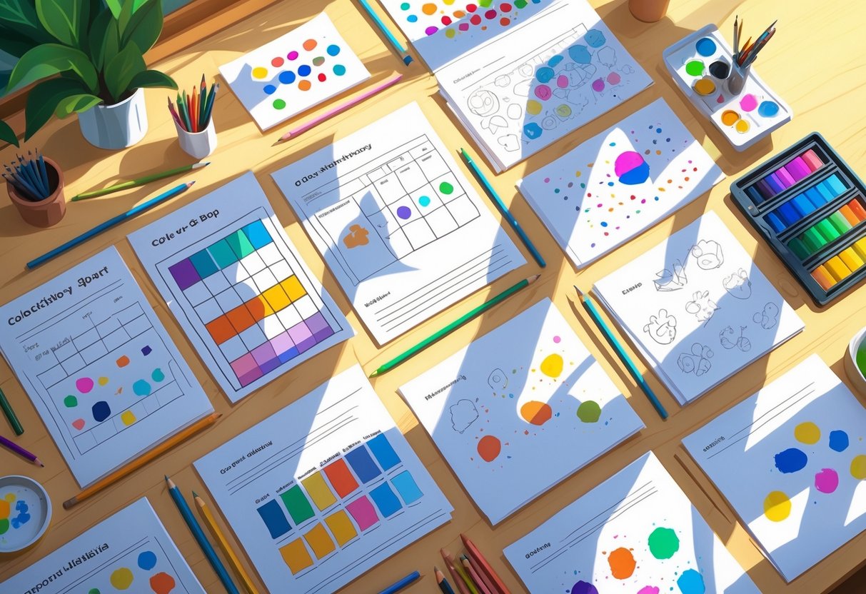 Homework Sheets: Ideas, Tips & Printables for Every School Year LearningMole A desk with various art and creative homework sheets, coloured pencils, paintbrushes, and a palette arranged neatly for an art activity.