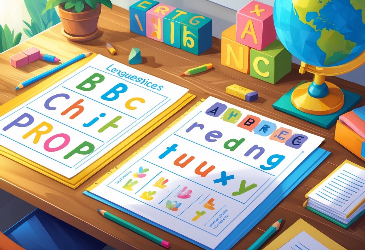 Editable Worksheets: The Essential Guide for Teachers and Students LearningMole A tidy desk with colourful worksheets, pencils, alphabet blocks, books, and a globe arranged for language and reading activities.