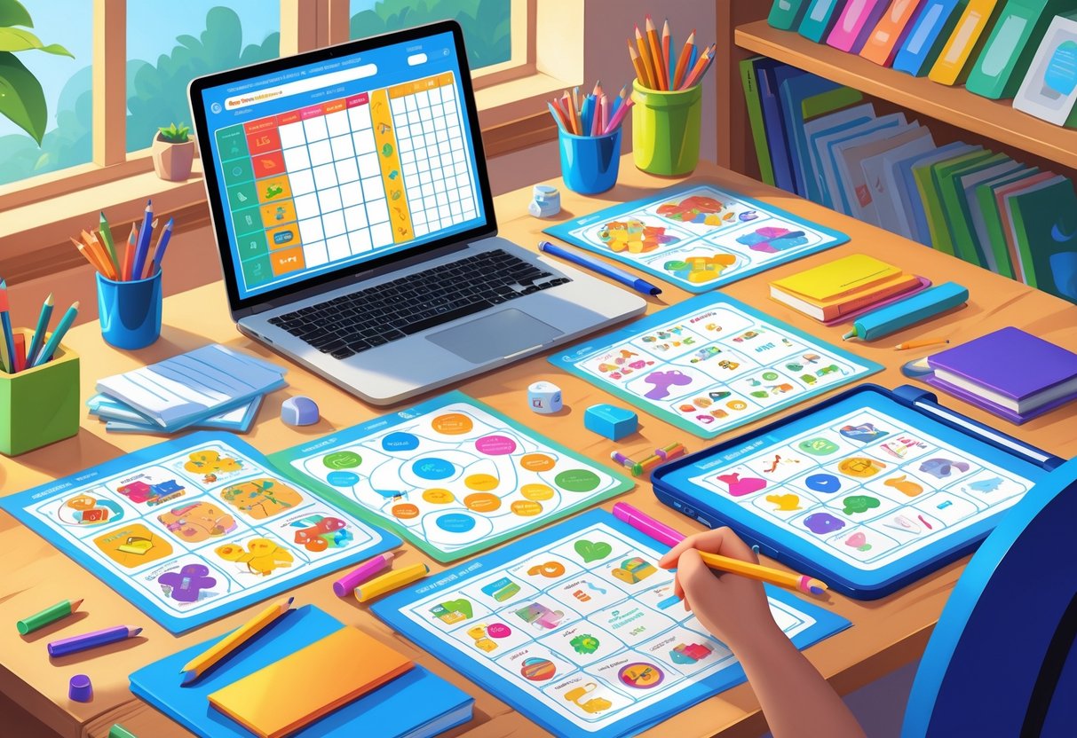 Editable Worksheets: The Essential Guide for Teachers and Students LearningMole A workspace with colourful educational worksheets, stationery, a laptop, and books arranged neatly on a desk.