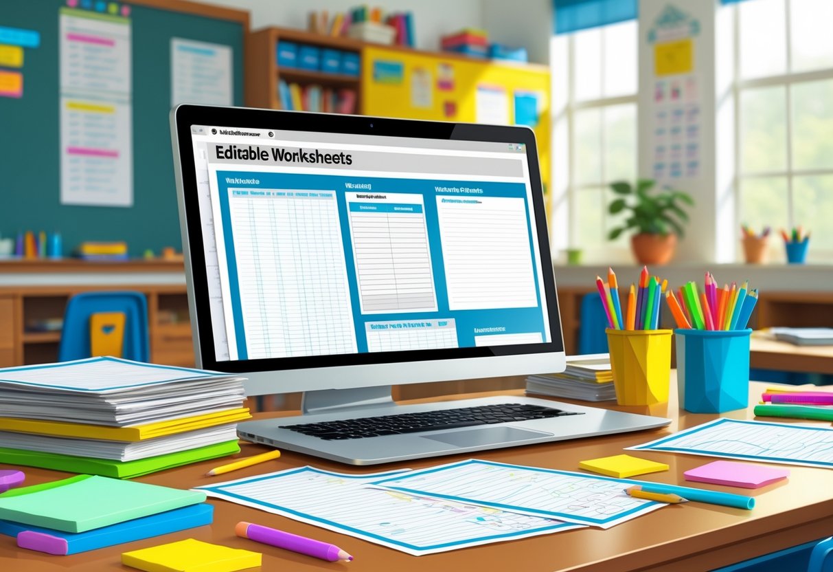 Editable Worksheets: The Essential Guide for Teachers and Students LearningMole A teacher's workspace with a laptop, printed worksheets, pens, and educational materials in a classroom setting.