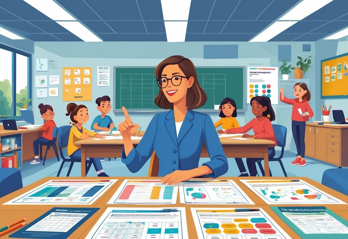 Differentiated Worksheets: Effective Strategies for Diverse Learners LearningMole A teacher in a classroom with various differentiated worksheets on a desk and students working together in the background.