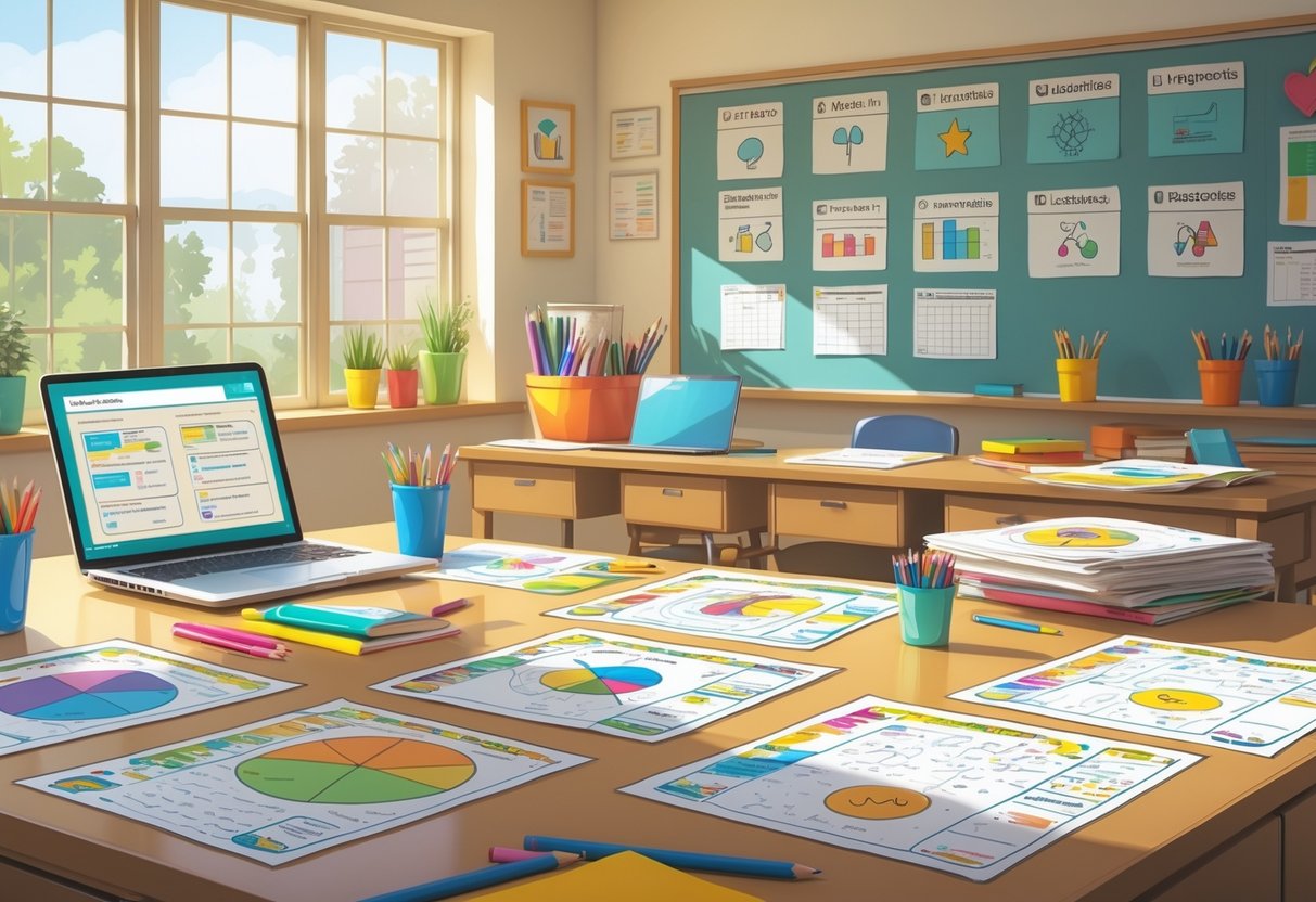 Differentiated Worksheets: Effective Strategies for Diverse Learners LearningMole A teacher's desk with worksheets, pencils, and a laptop showing lesson plans, surrounded by educational materials and a classroom whiteboard with subject icons.