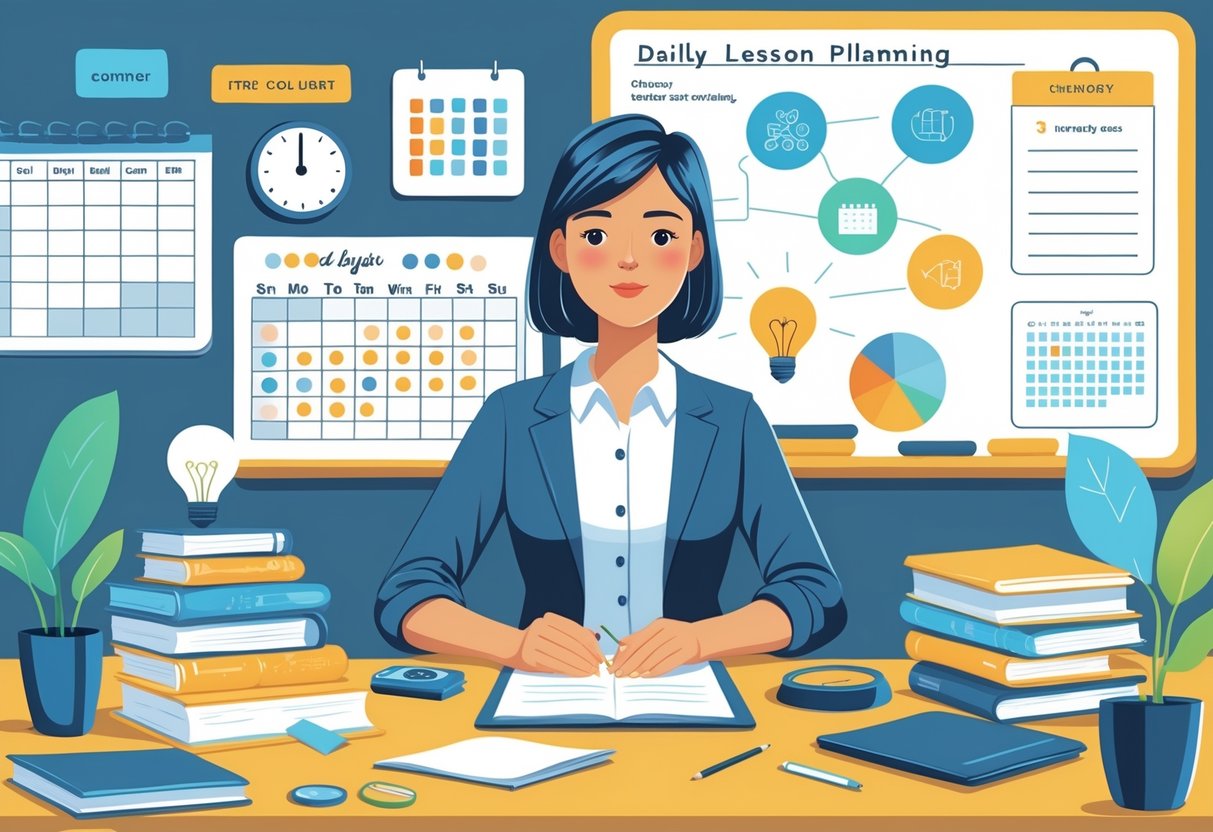 Daily Lesson Plans: Effective Strategies, Examples, and Templates LearningMole A teacher at a desk surrounded by a calendar, checklist, clock, books, laptop, and sticky notes, with a classroom and whiteboard in the background, illustrating daily lesson planning challenges and solutions.