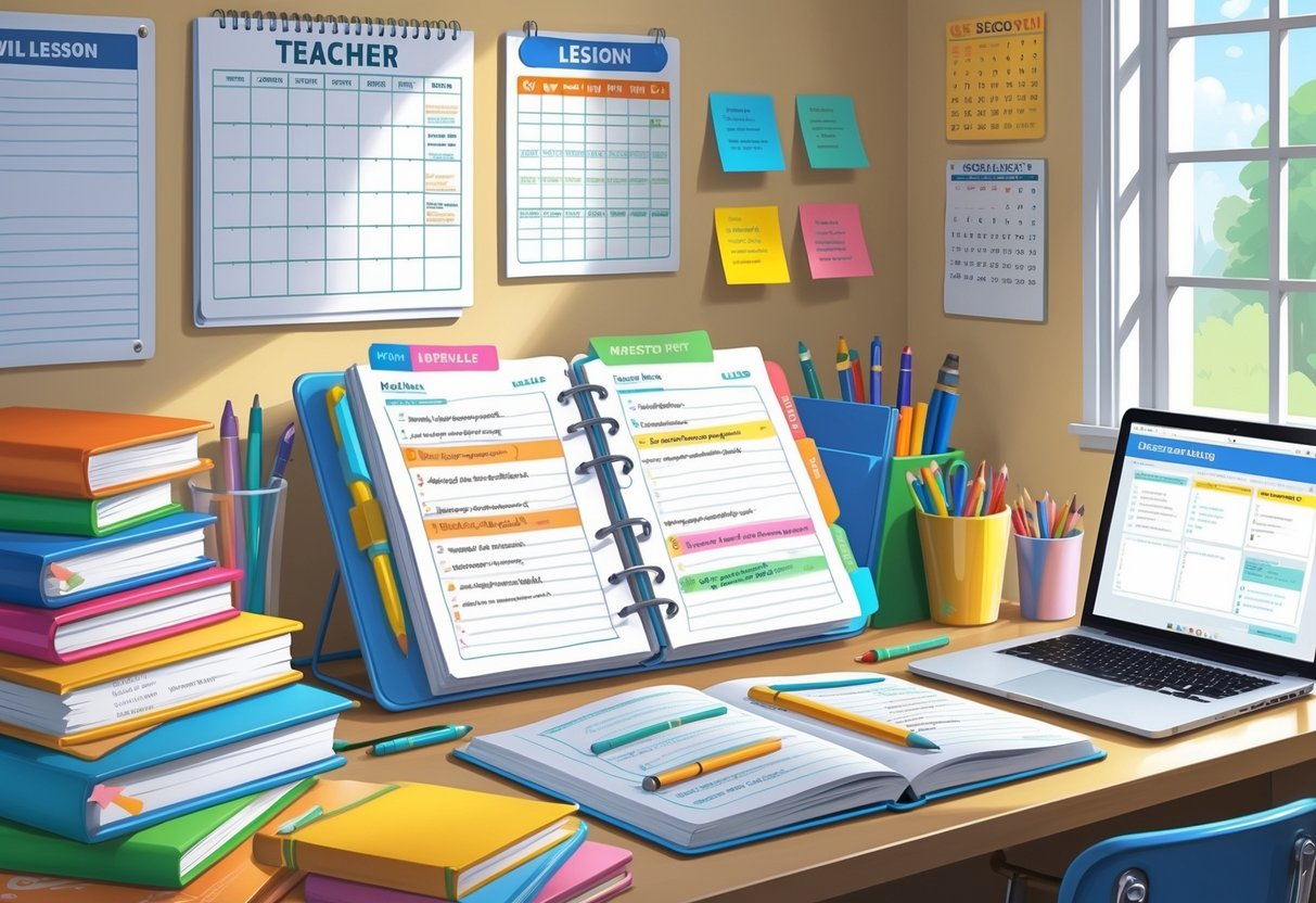 Daily Lesson Plans: Effective Strategies, Examples, and Templates LearningMole A teacher's organised desk with an open planner, textbooks, pens, a laptop, and a calendar, showing a workspace prepared for daily lesson planning.