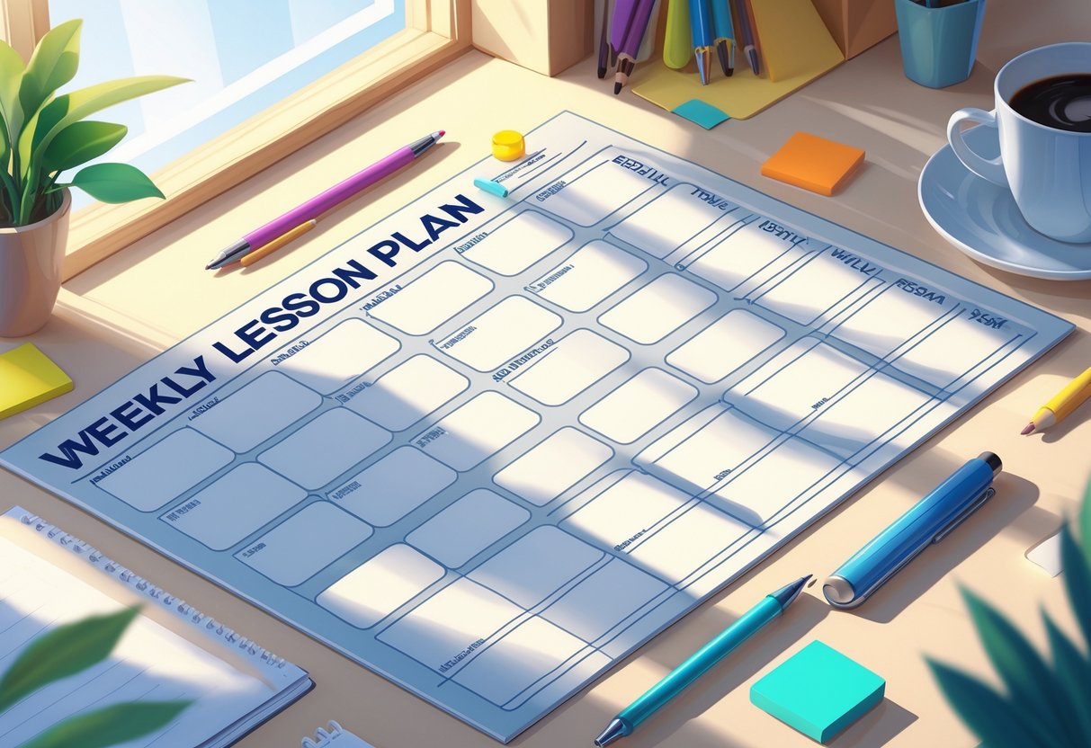 Weekly Lesson Plans: Templates, Strategies, and Tips for Educators LearningMole A weekly lesson plan template laid out on a desk with pens and a coffee cup nearby.