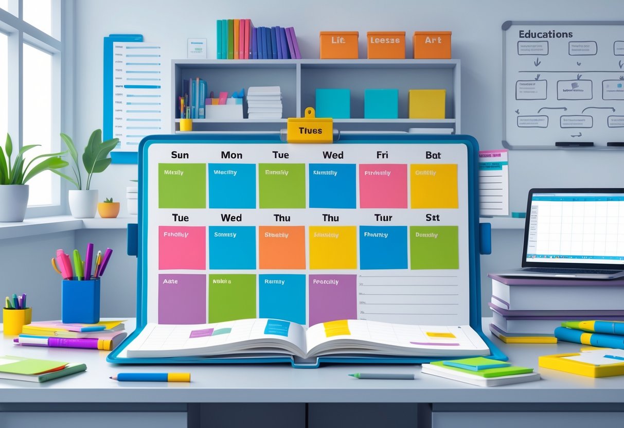 Weekly Lesson Plans: Templates, Strategies, and Tips for Educators LearningMole A tidy desk with a weekly planner showing colour-coded subject blocks, surrounded by stationery, a laptop, bookshelves, and a whiteboard with diagrams.