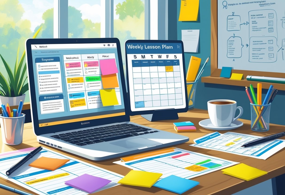 Weekly Lesson Plans: Templates, Strategies, and Tips for Educators LearningMole A teacher's organised desk with lesson plans, sticky notes, a laptop showing a weekly schedule, and a whiteboard with diagrams in the background.
