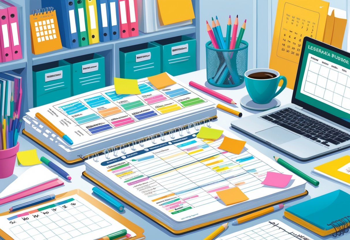 Weekly Lesson Plans: Templates, Strategies, and Tips for Educators LearningMole A tidy workspace with an open planner showing a weekly schedule, a laptop, stationery, and books in a bright office or classroom setting.
